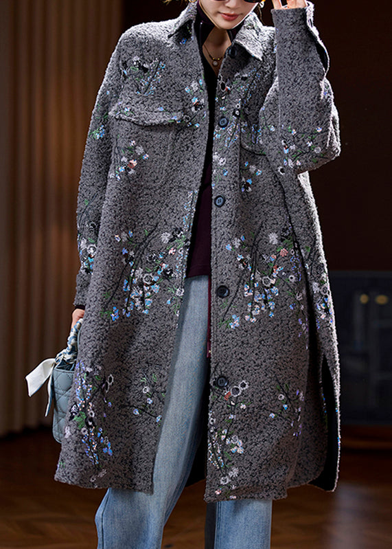 Vogue Grey Peter Pan Collar Pockets Sequins Long Woolen Coats Spring