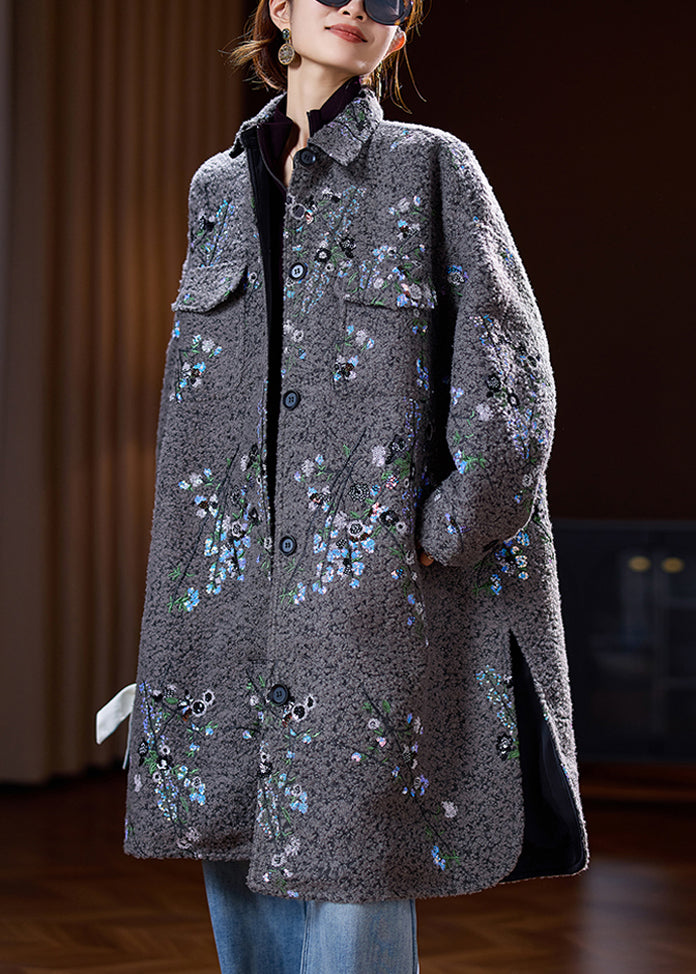 Vogue Grey Peter Pan Collar Pockets Sequins Long Woolen Coats Spring