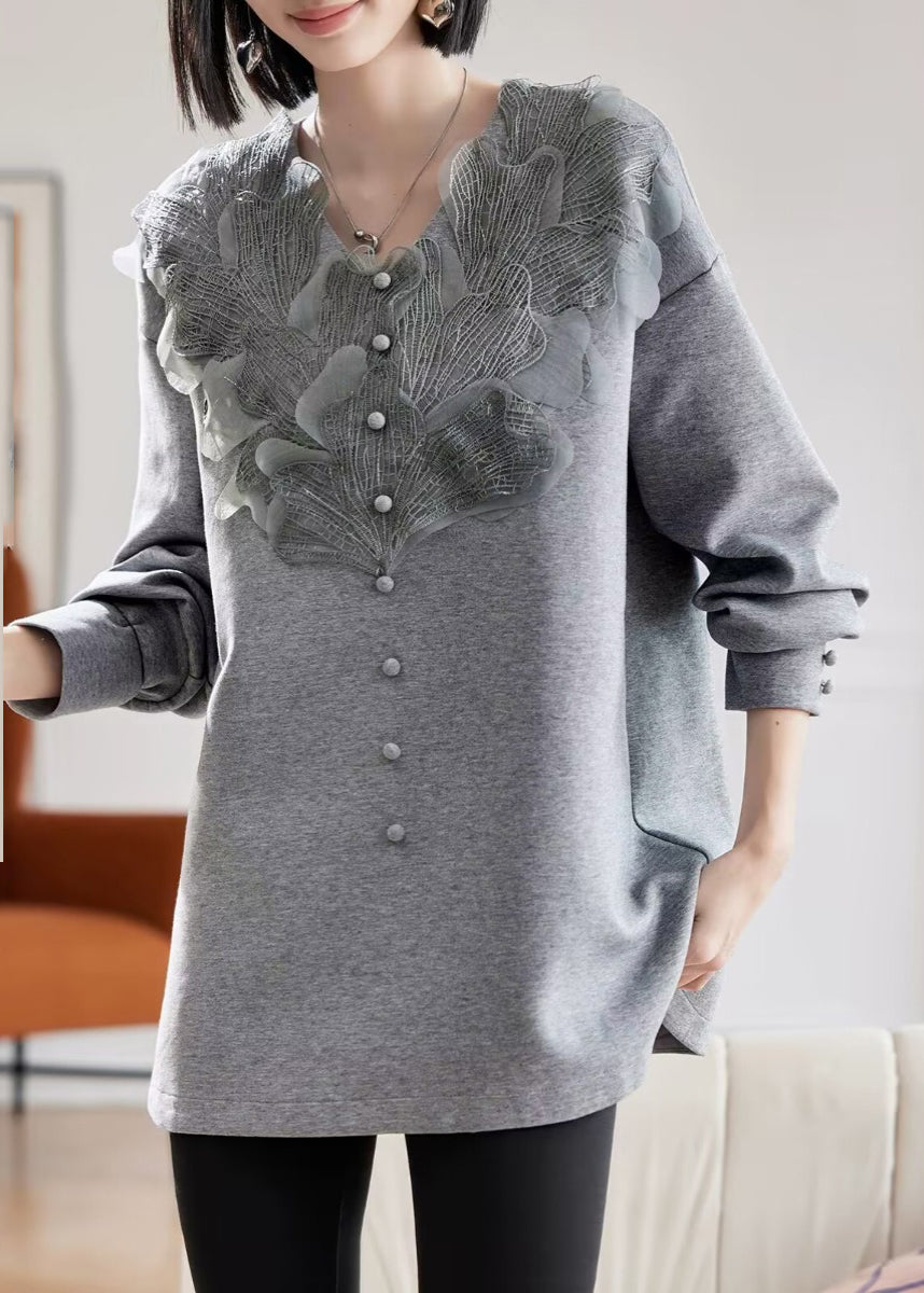 Vogue Grey V Neck Lace Patchwork Sweatshirts Spring