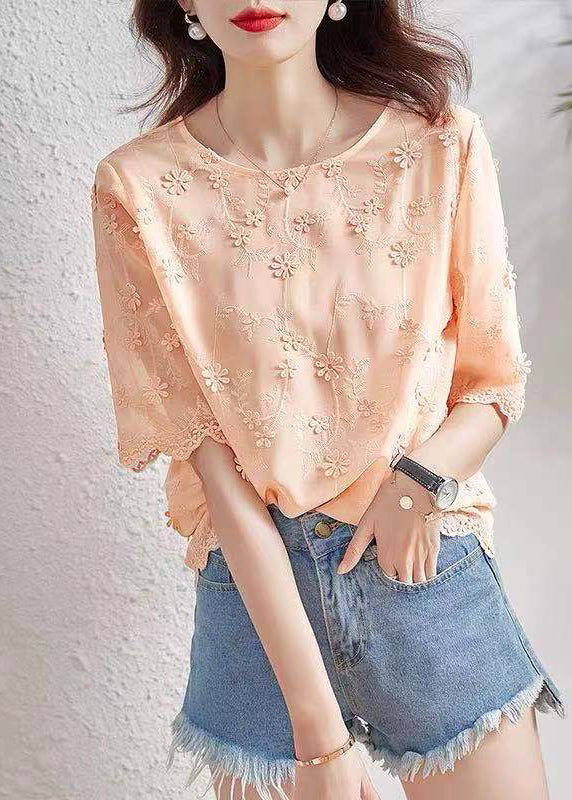 Vogue O-Neck Embroidered Chiffon Shirt Short Sleeve