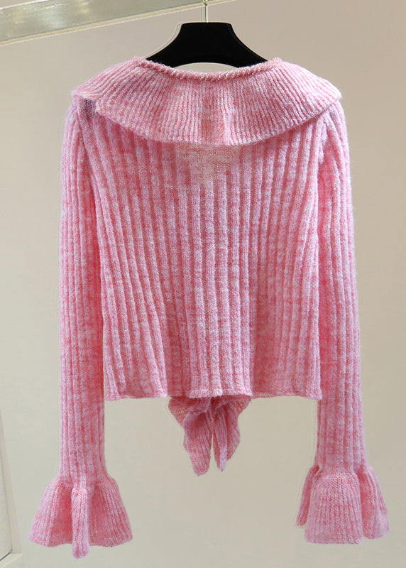 Vogue Pink V Neck Ruffled Patchwork Cotton Knit Sweater Winter