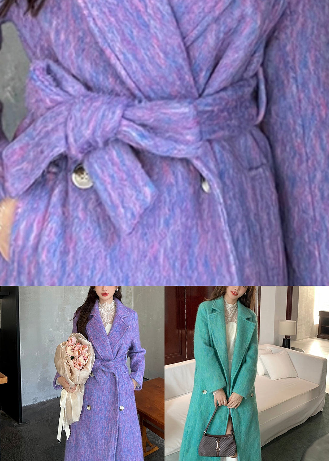 Vogue Purple Pockets Patchwork Long Woolen Coats Winter