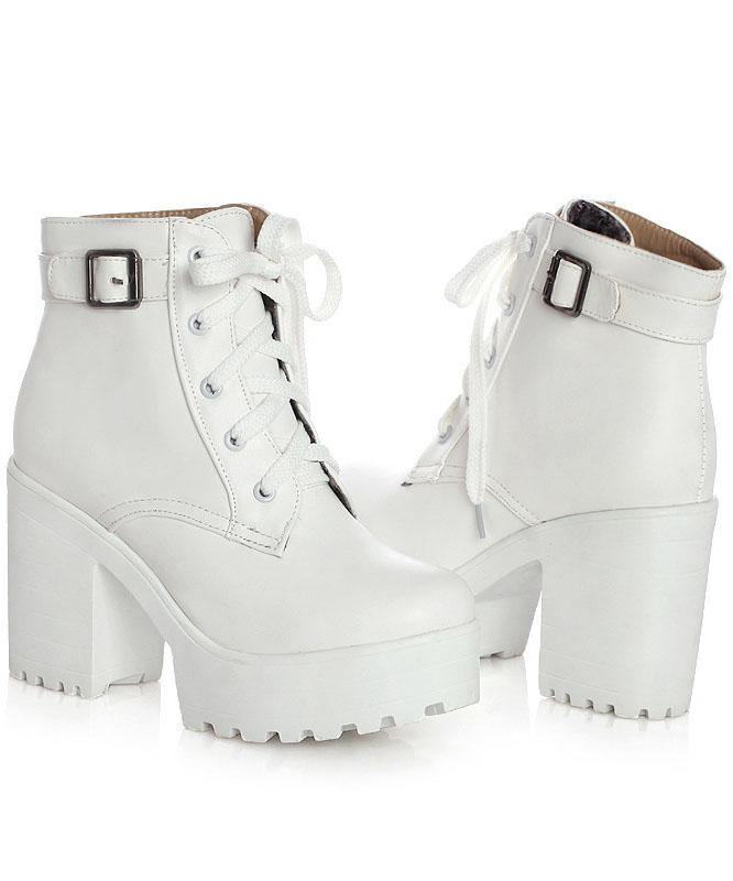 White Boots Cross Strap Chunky Boots - SooLinen