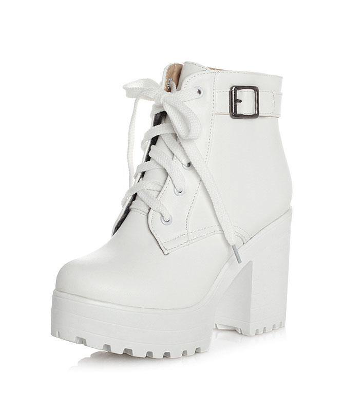 White Boots Cross Strap Chunky Boots - SooLinen