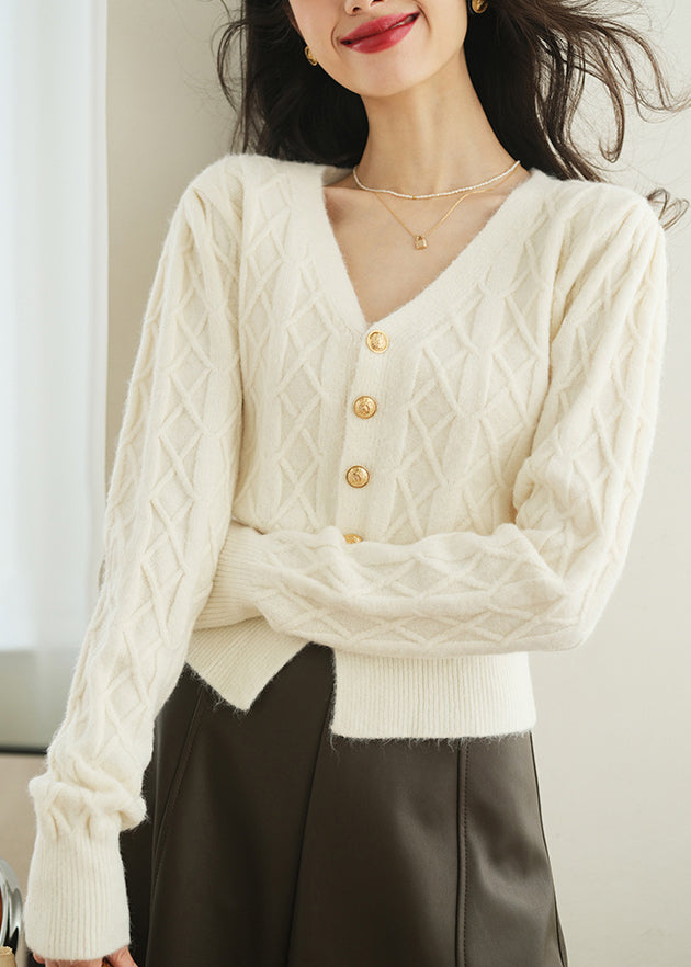 White Button Plaid Knit Sweater V Neck Spring