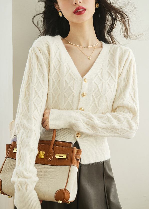 White Button Plaid Knit Sweater V Neck Spring