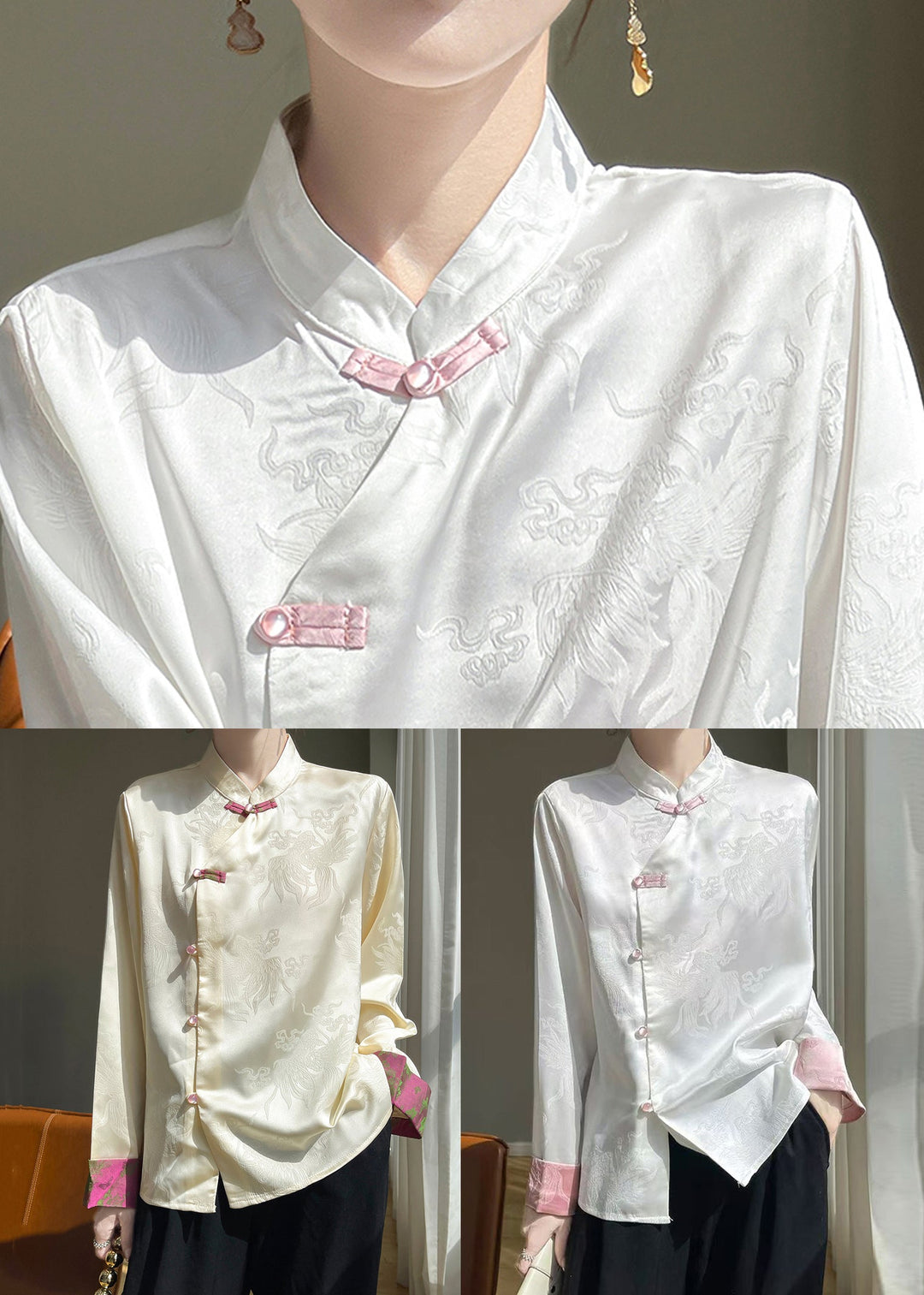 White Button Silk Shirts Stand Collar Long Sleeve