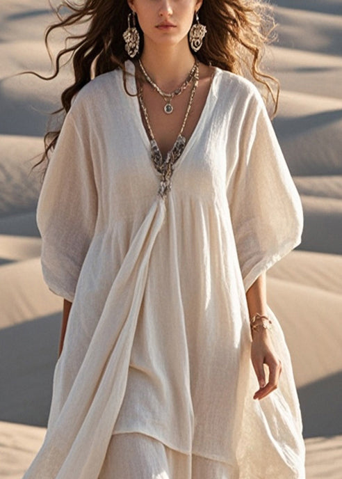 White Cotton Maxi Dresses Asymmetrical Bracelet Sleeve