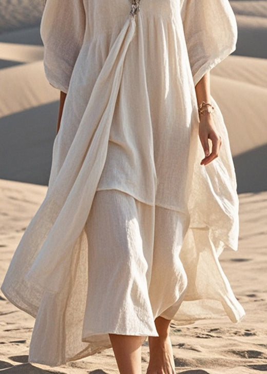 White Cotton Maxi Dresses Asymmetrical Bracelet Sleeve