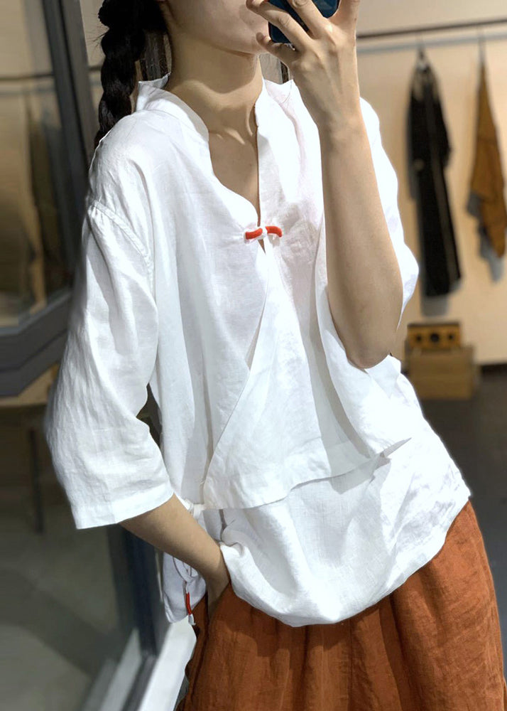 White Patchwork Cotton Blouses Chinese Button Spring