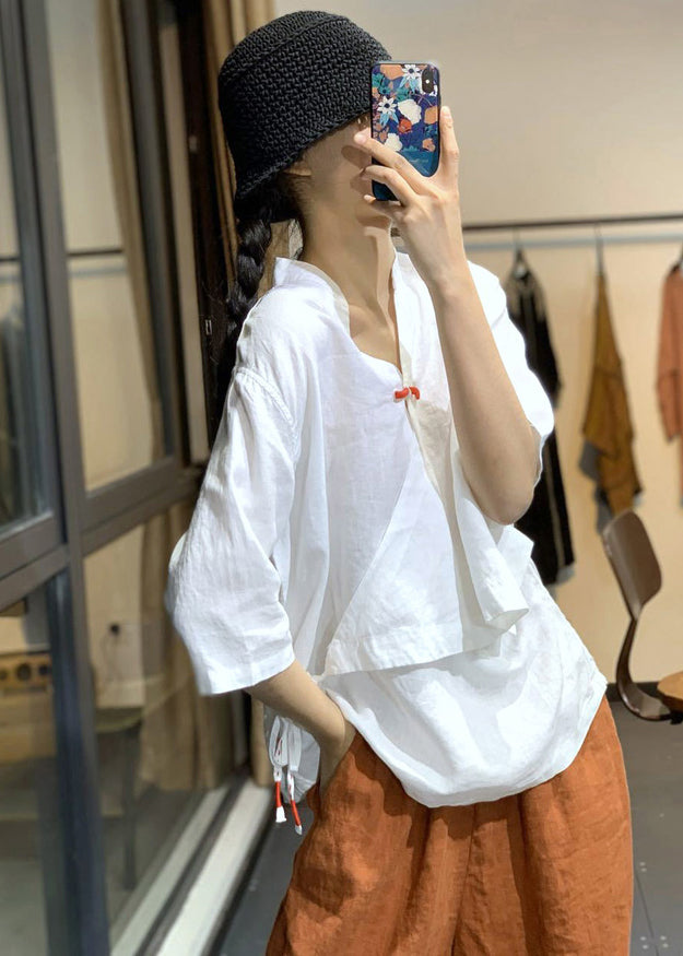 White Patchwork Cotton Blouses Chinese Button Spring