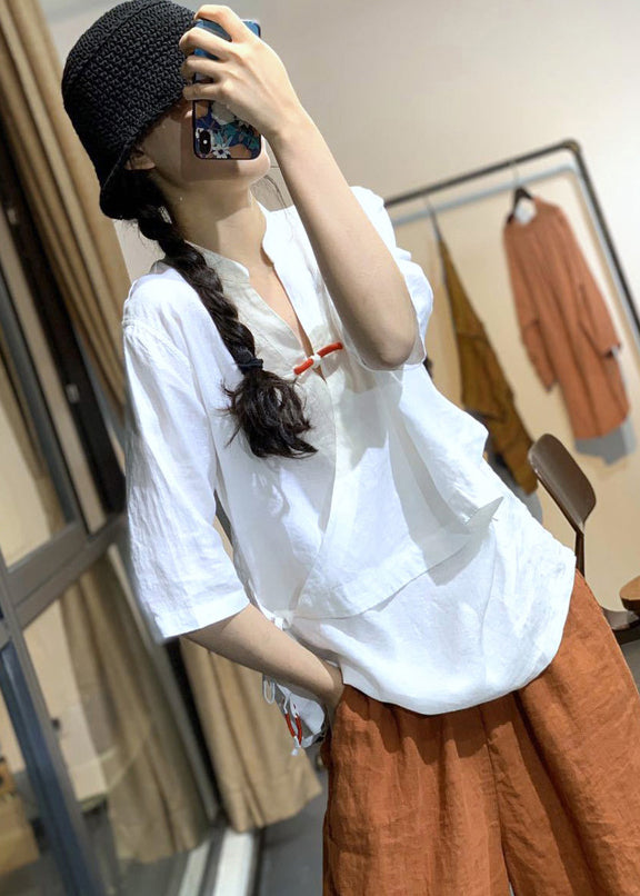 White Patchwork Cotton Blouses Chinese Button Spring