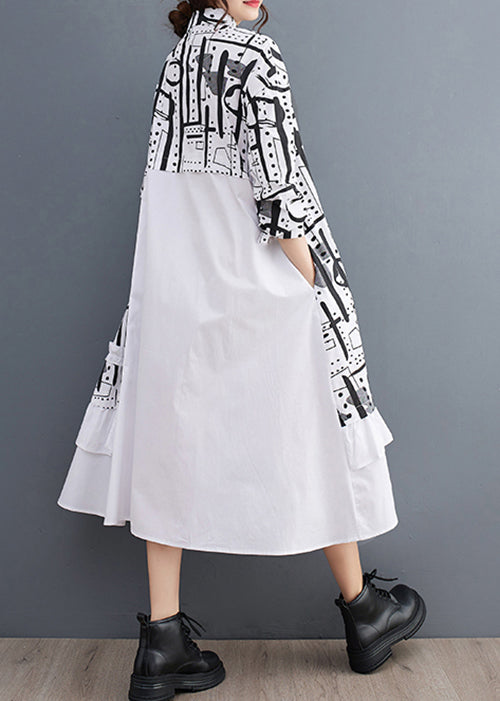 White Patchwork Cotton Dresses Ruffled Print Fall