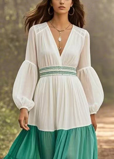 White Patchwork Cotton Long Dress Exra Large Hem Lantern Sleeve