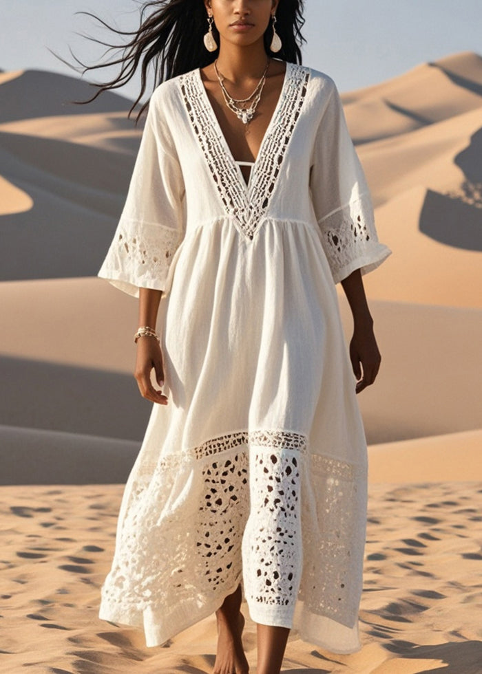 White Patchwork Cotton Long Dress Hollow Out Fall