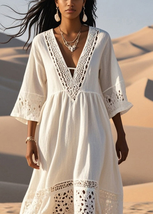 White Patchwork Cotton Long Dress Hollow Out Fall