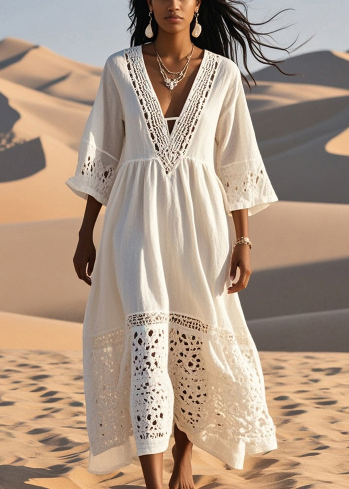 White Patchwork Cotton Long Dress Hollow Out Fall