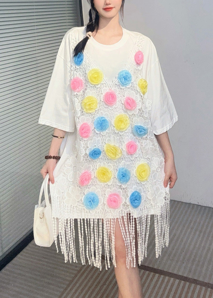 White Print Tassel Mid Dresses Short Sleeve