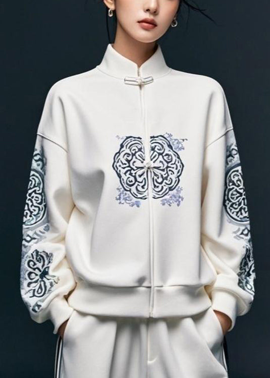 White Print Women Cotton Pullover Sweatshirt Stand Collar Fall