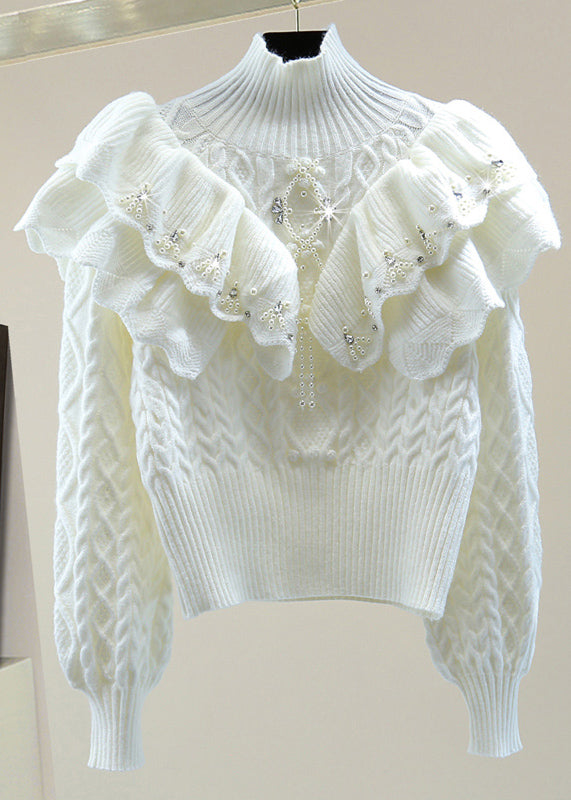 White Ruffled Patchwork Cotton Knit Sweater Lantern Sleeve