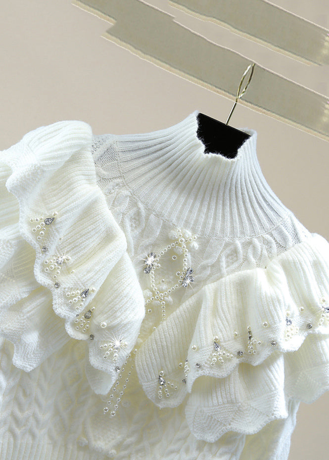 White Ruffled Patchwork Cotton Knit Sweater Lantern Sleeve