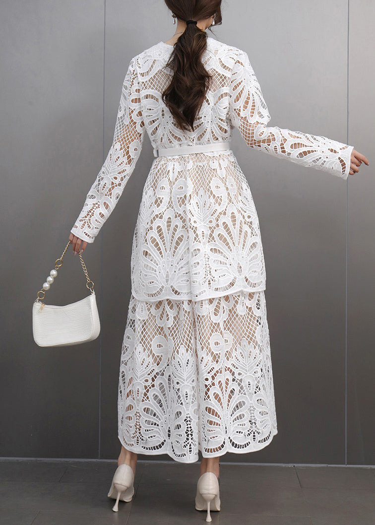 White Sashes Lace Hollow Out Maxi Dresses Spring