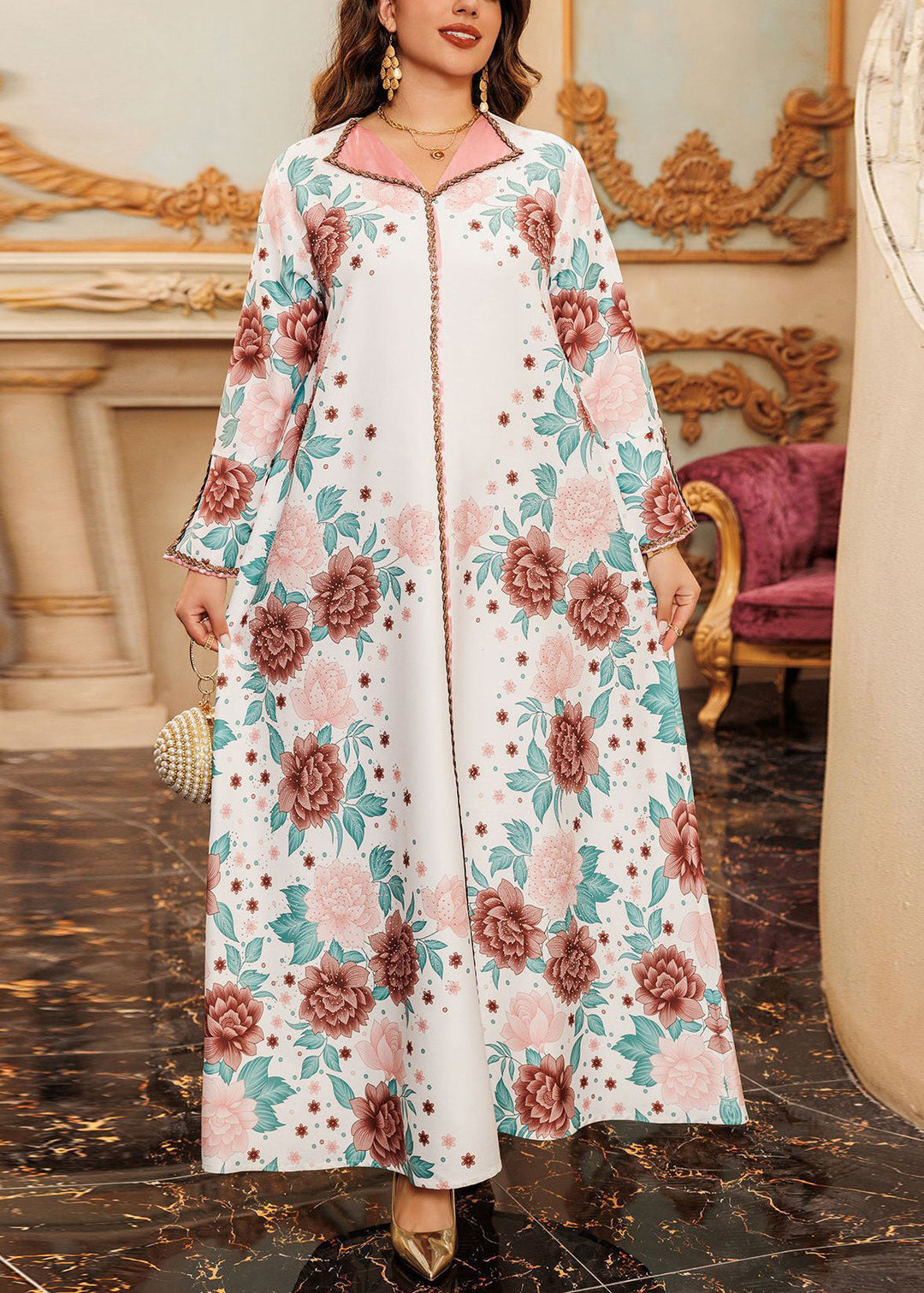 White Side Open Patchwork Fall Long Dress Print