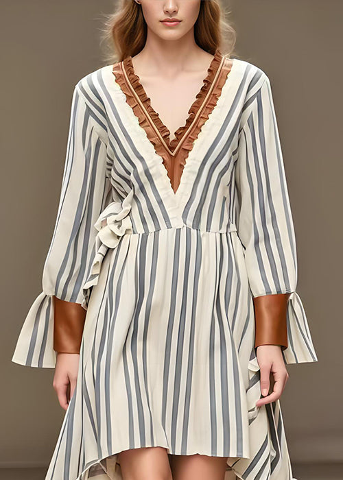 White Striped Silk Velvet Holiday Dress Low High Design Spring