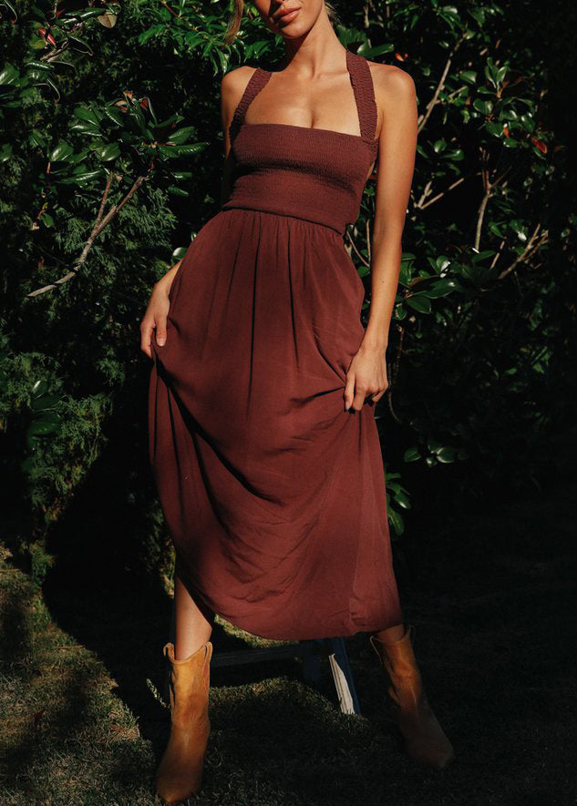 Wine Red Pockets High Waist Cotton Long Dress Lace Up Summer