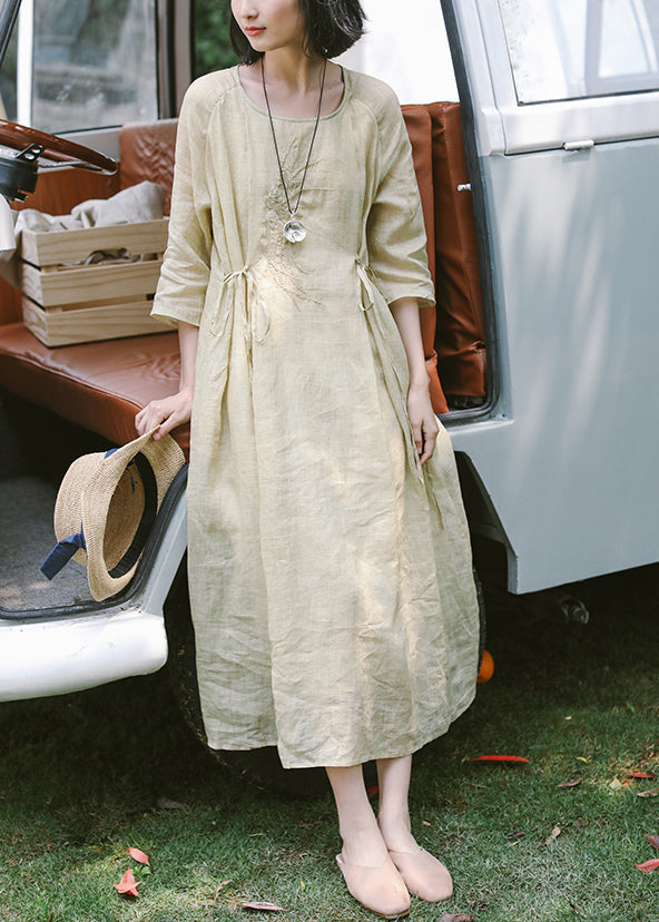 Women Apricot Embroidered Tie Waist Linen Dress Summer