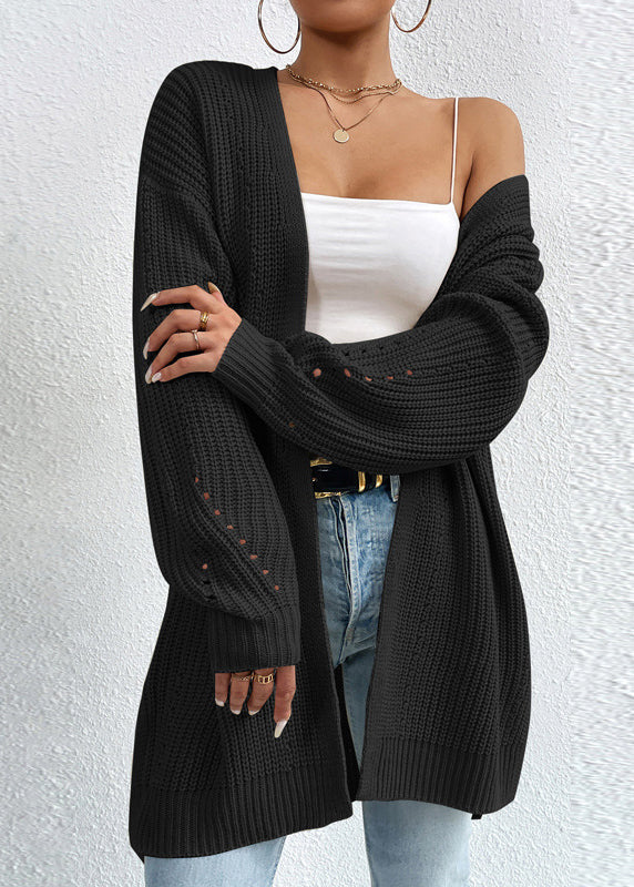 Women Apricot V Neck Loose Mid Knit Cardigan Fall