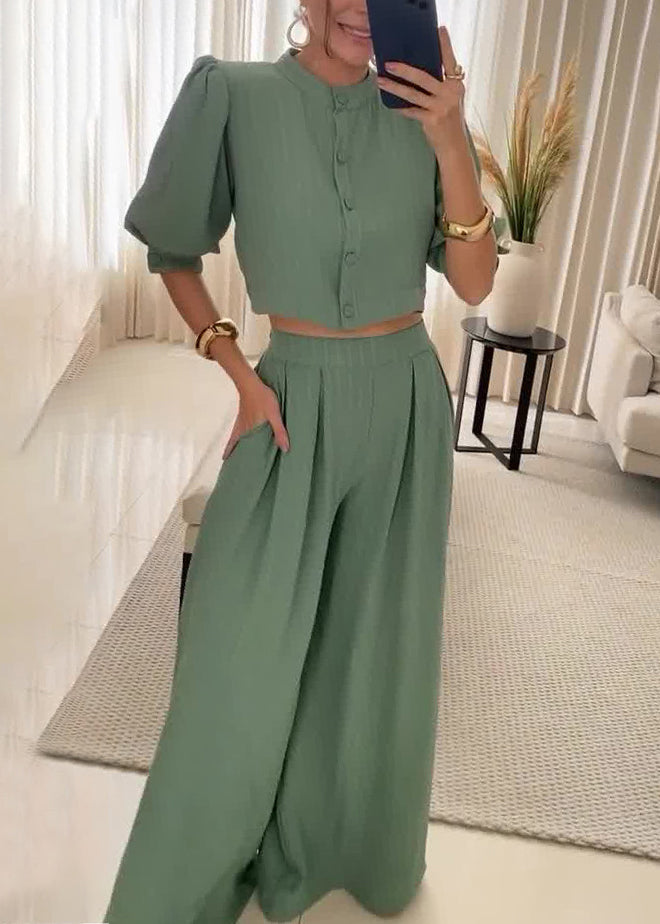 Women Army Green Button Pockets Cotton Two Piece Set Half Sleeve