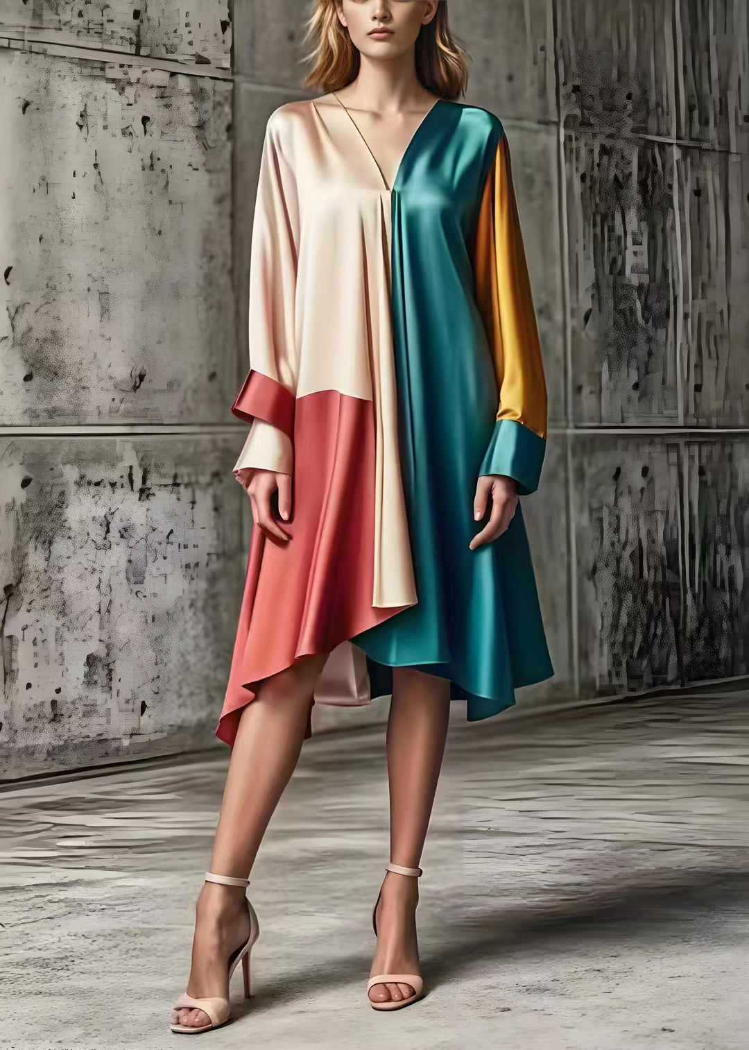 Women Asymmetrical Patchwork Silk Day Dress Spring