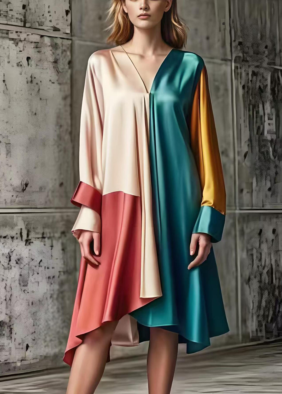 Women Asymmetrical Patchwork Silk Day Dress Spring