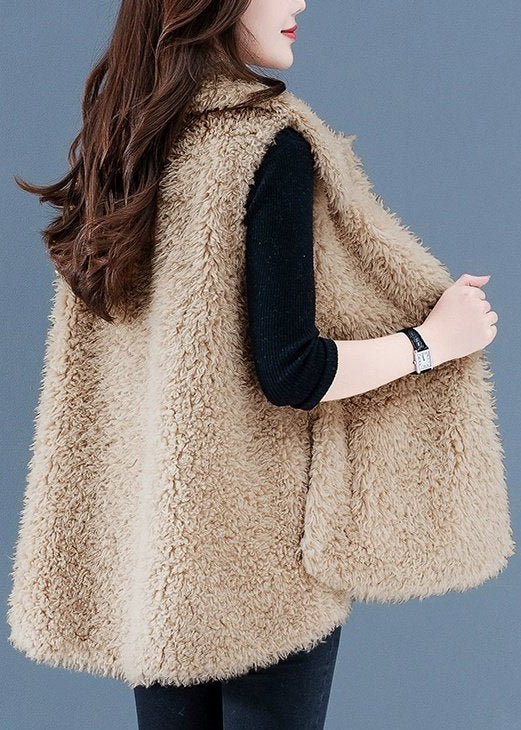 Women Beige Button Pockets Teddy Faux Fur Waistcoat Sleeveless