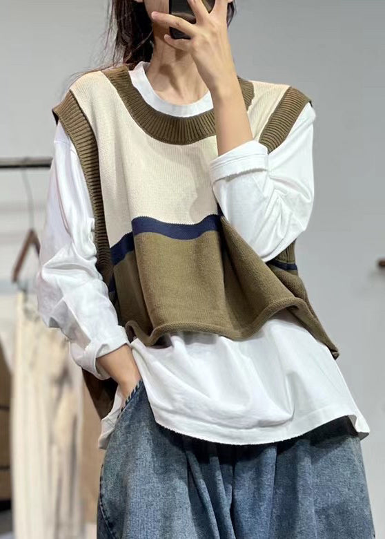 Women Beige O Neck Patchwork Cotton Knit Waistcoat Sleeveless