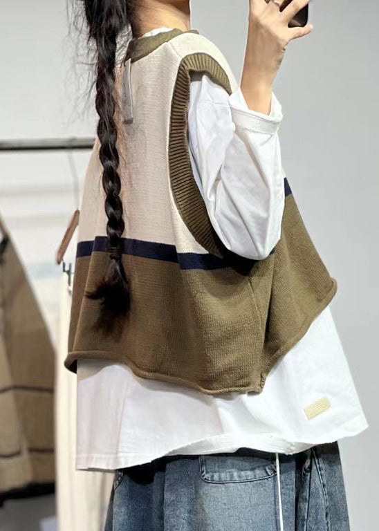 Women Beige O Neck Patchwork Cotton Knit Waistcoat Sleeveless