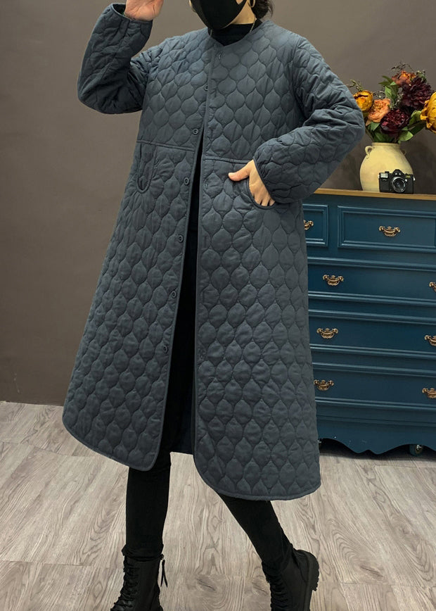 Women Beige O Neck Pockets Fine Cotton Filled Coat Winter