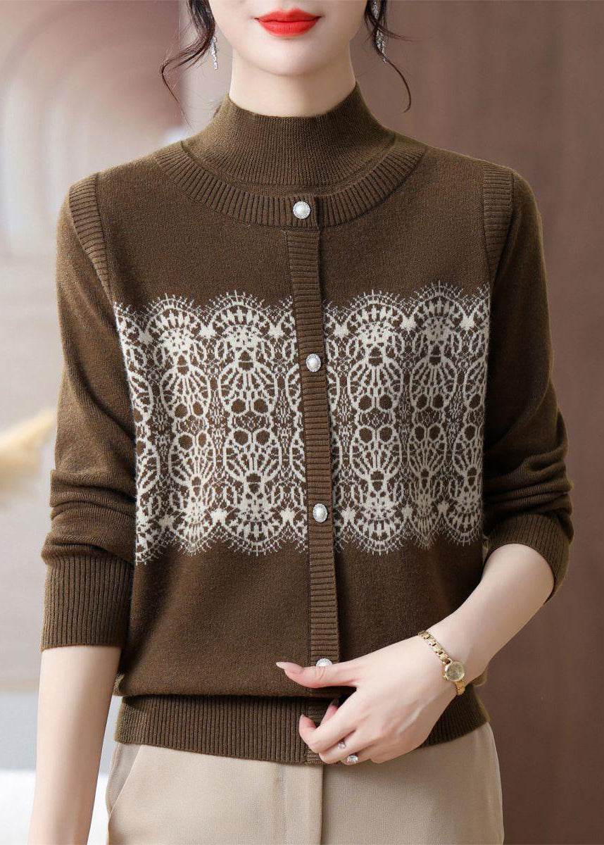 Women Beige O Neck Print Patchwork Woolen Sweater Spring