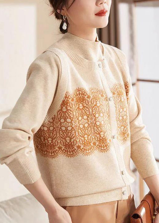 Women Beige O Neck Print Patchwork Woolen Sweater Spring