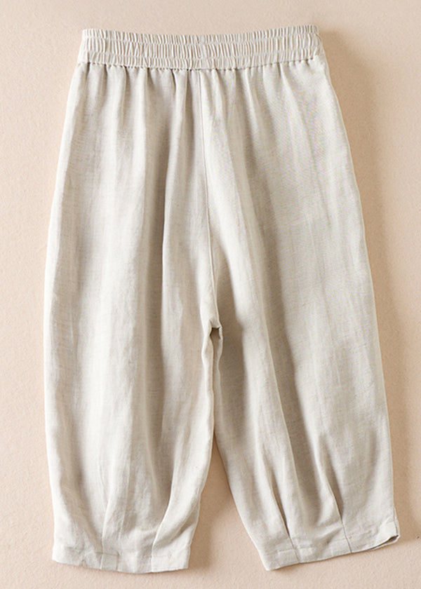 Women Beige Pockets Wrinkled Elastic Waist Cotton Shorts Summer