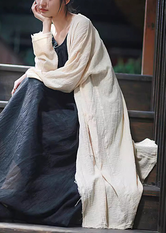 Women Beige Tasseled Pockets Linen Cardigan Long Sleeve