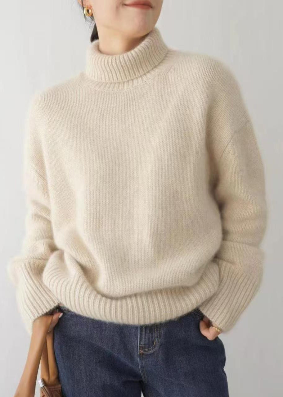 Women Beige Turtleneck Solid Knit Sweater Winter