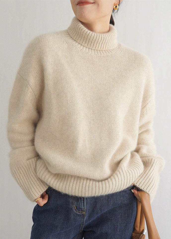 Women Beige Turtleneck Solid Knit Sweater Winter