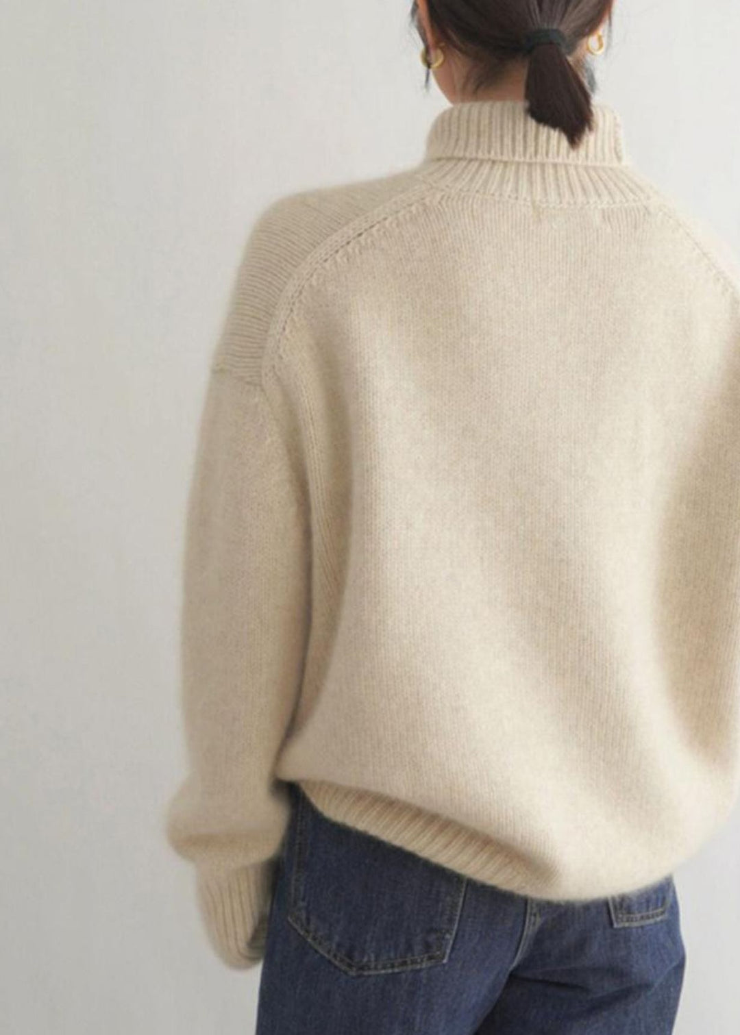 Women Beige Turtleneck Solid Knit Sweater Winter