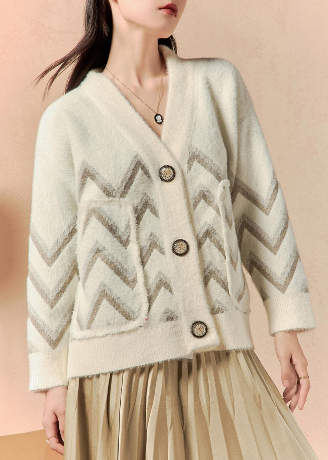 Women Beige V Neck Button Pockets Knit Coat Winter