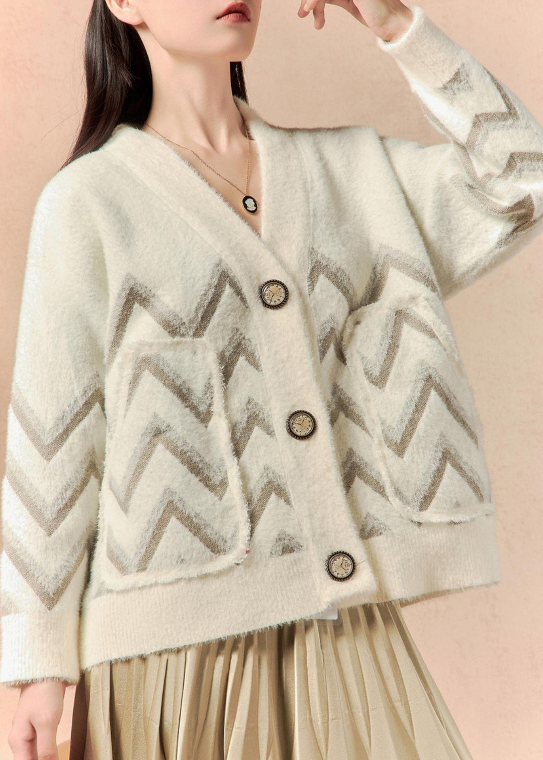 Women Beige V Neck Button Pockets Knit Coat Winter