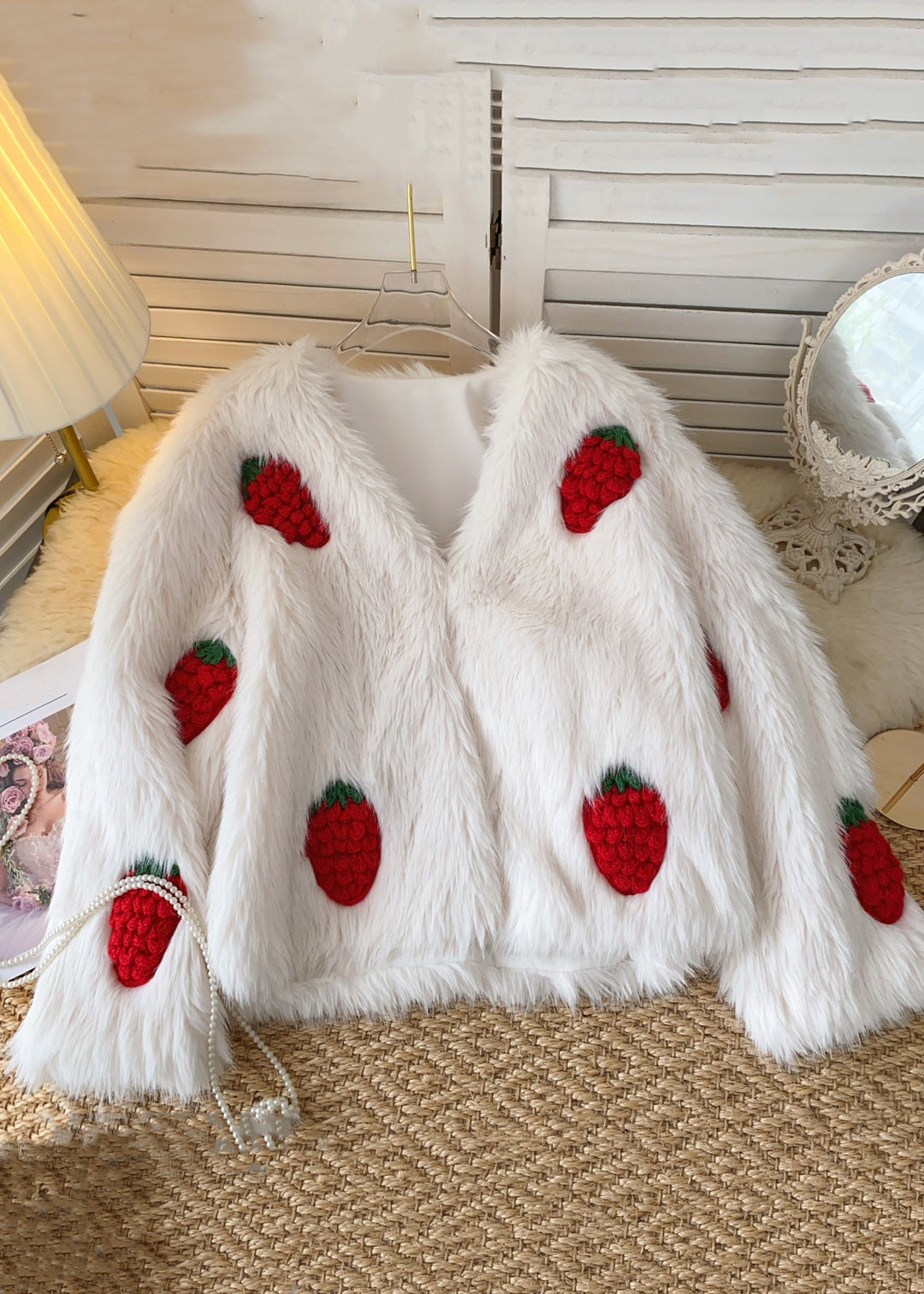 Women Beige V Neck Embroidered Fluffy Coats Winter