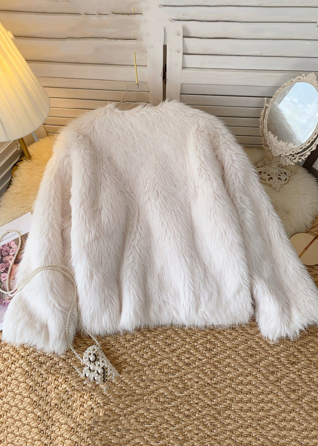 Women Beige V Neck Embroidered Fluffy Coats Winter