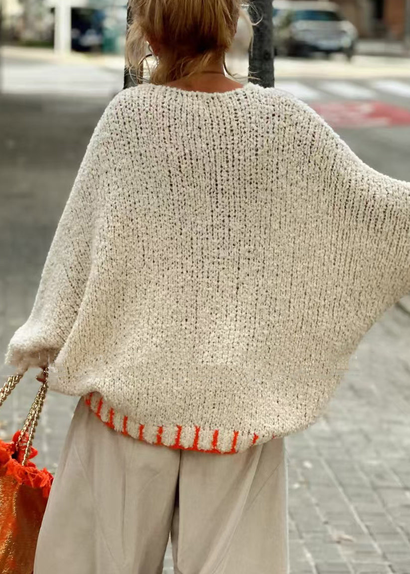 Women Beige V Neck Hollow Out Knit Sweaters Spring